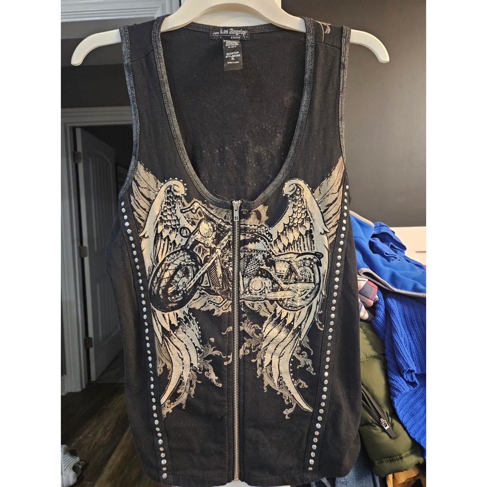 Bus Stop Los Angeles Motorcycle Wings Studded Tank Top Sleeveless Biker Tee